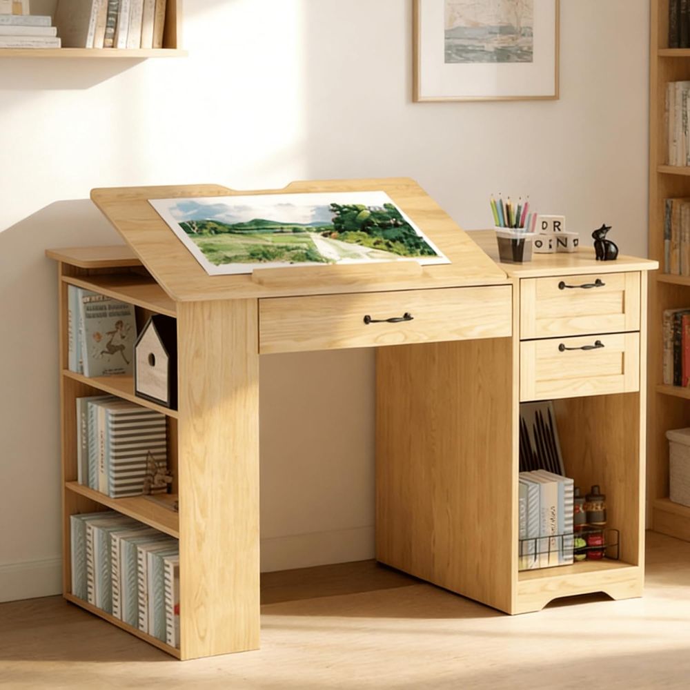Home Office Desk - Adjustable Desk with Storage, Open Shelves,