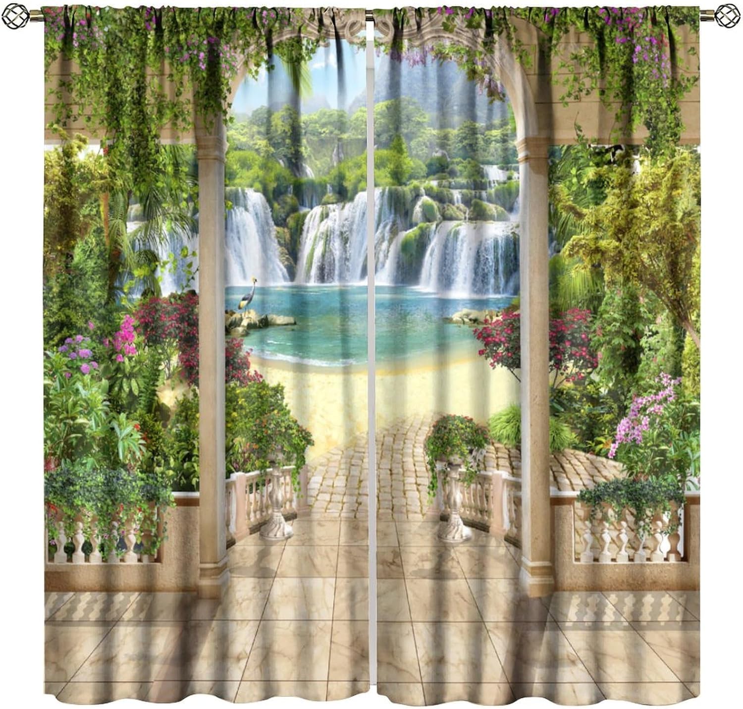 Home Office With View - 3D Waterfall Curtain Tropical Garden Archway