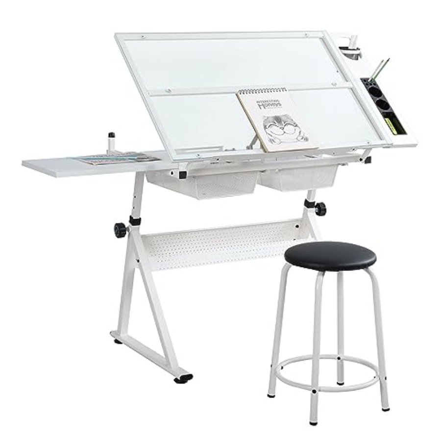 Home Office Desk - Drafting Table with Stool Modern Adjustable